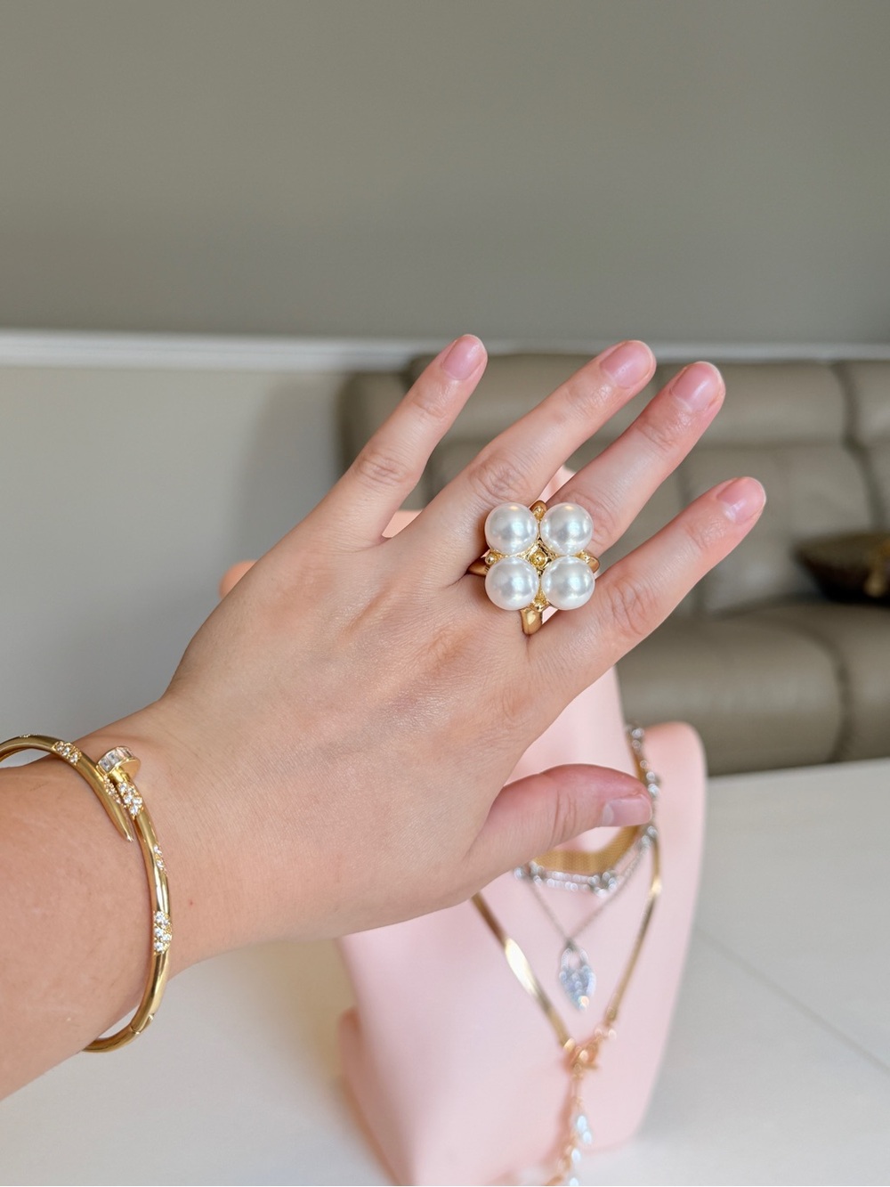 Gold Pearl Cluster Statement Ring - White Pearls